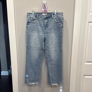 Blue Boyfriend Cropped Jeans with Distressed Hem
